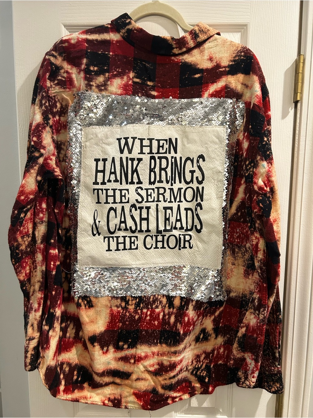 Women’s Red Plaid Sequin Patch Shirt with Back Slogan
